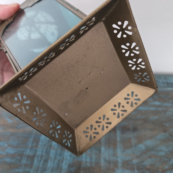 Moroccan Lantern Brass & Blue Glass Candle Holder Lamp - Picture 8 of 11